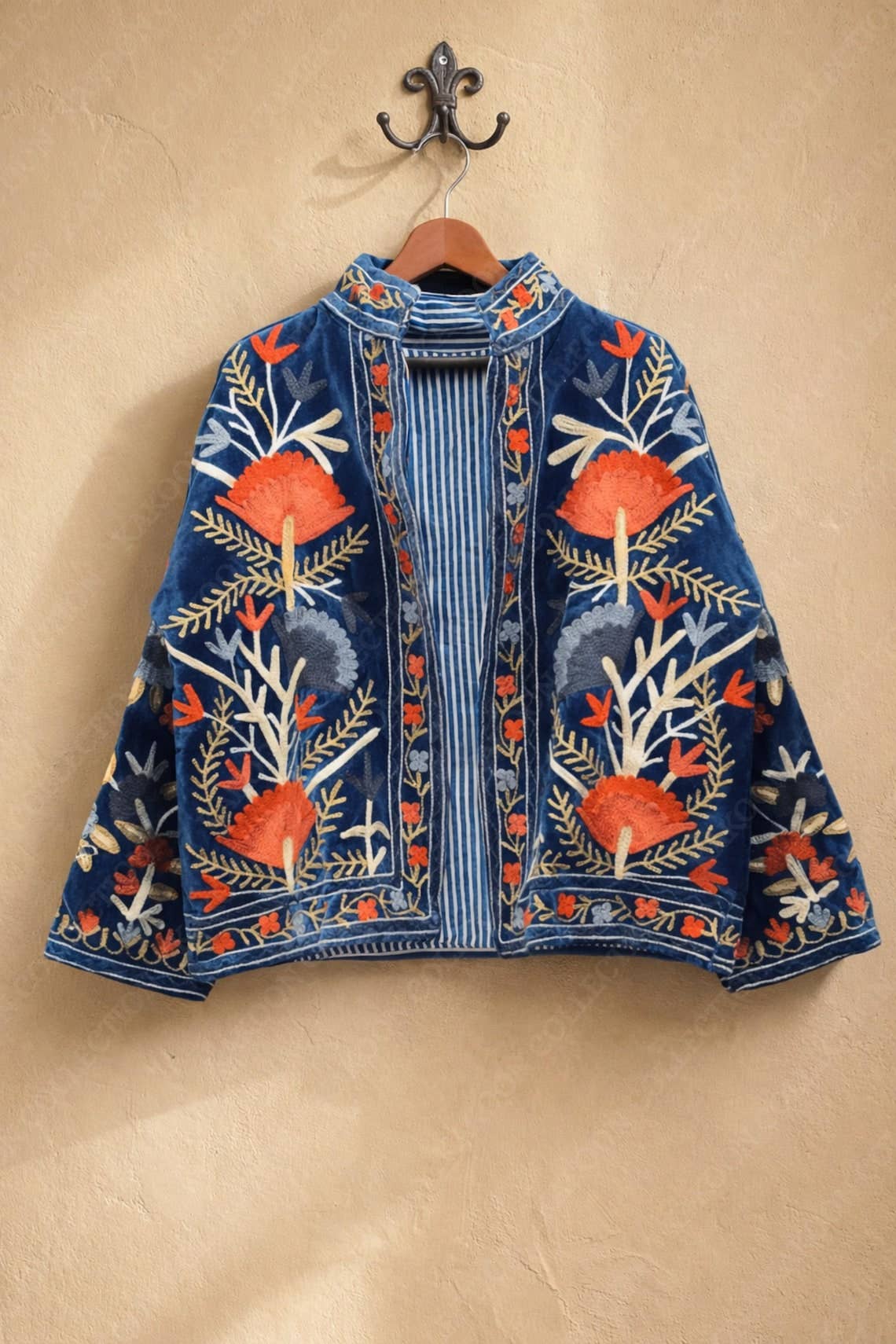 The Ember Bloom Jacket – Indigo & Coral Suzani Velvet