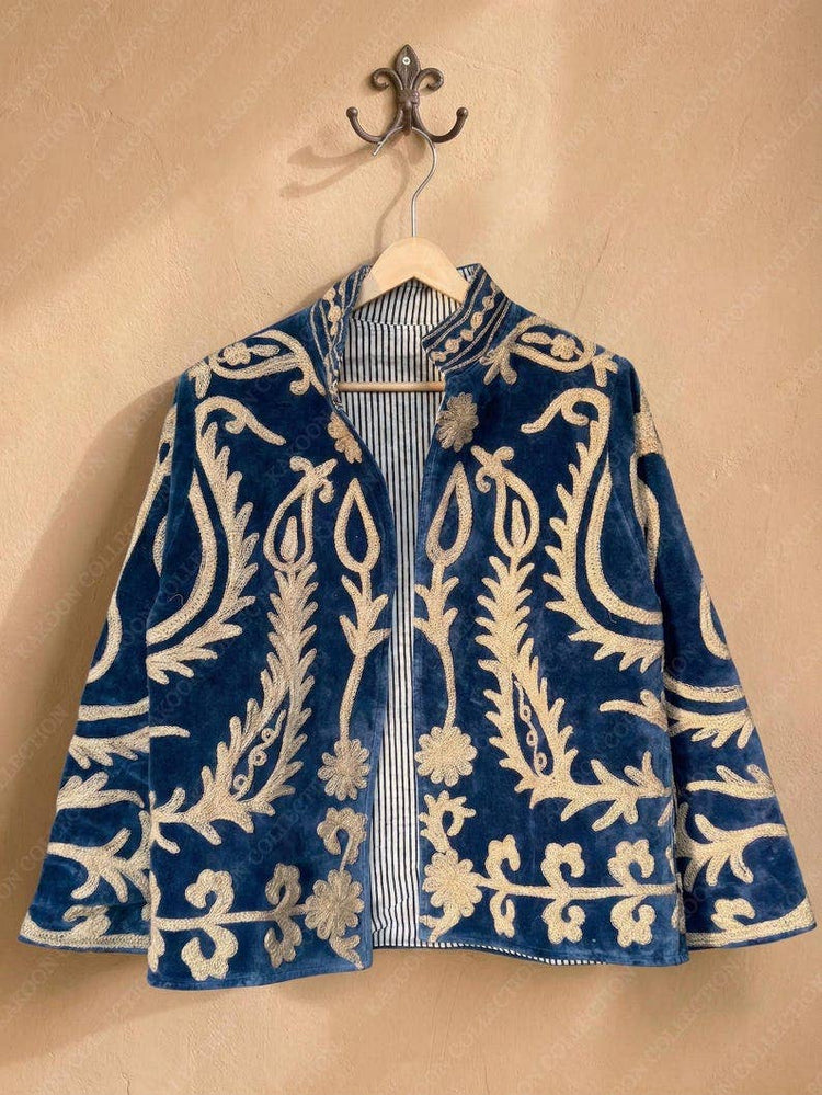 The Moonflower Jacket – Deep Blue & Cream Suzani Velvet